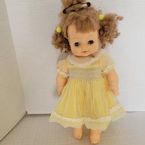 Vintage 70s 1971 Horsman Doll Drink & Wet Doll Blue Eyes Lace Yellow Dress 15"